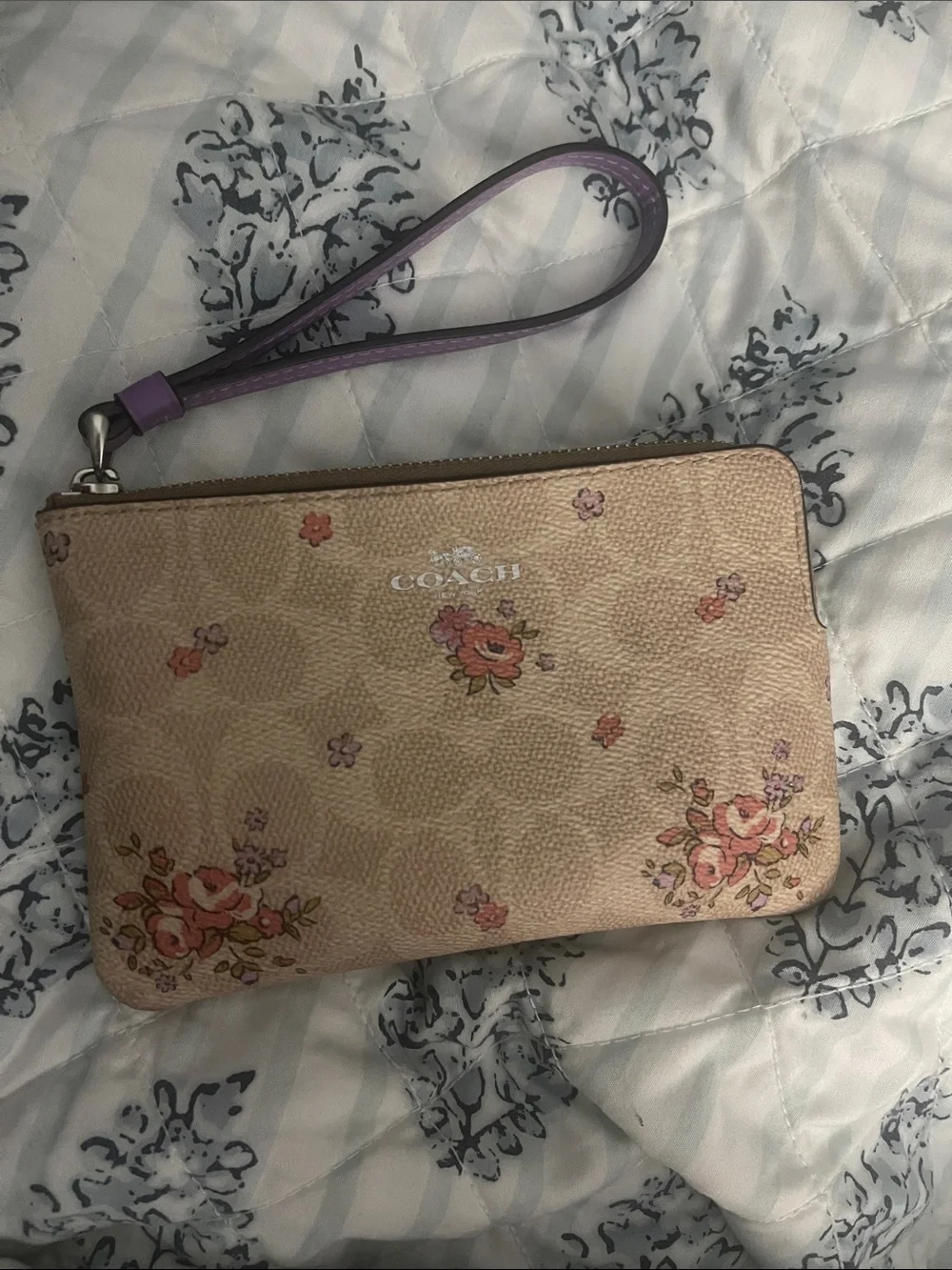 Coach Pink Floral Beige Wristlet with Purple Strap